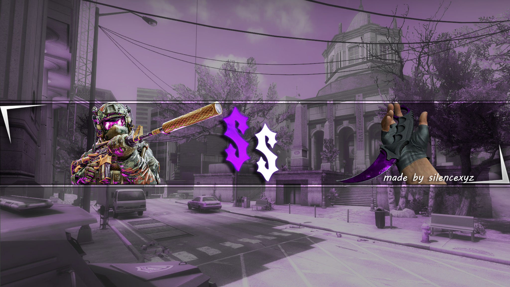 Purple gaming banner with sniper artwork and SS logo